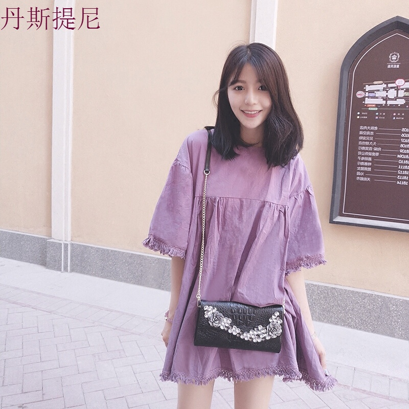 韩版小清新拼接高腰a字娃娃裙chic宽松棉麻港味连衣裙学生夏紫色