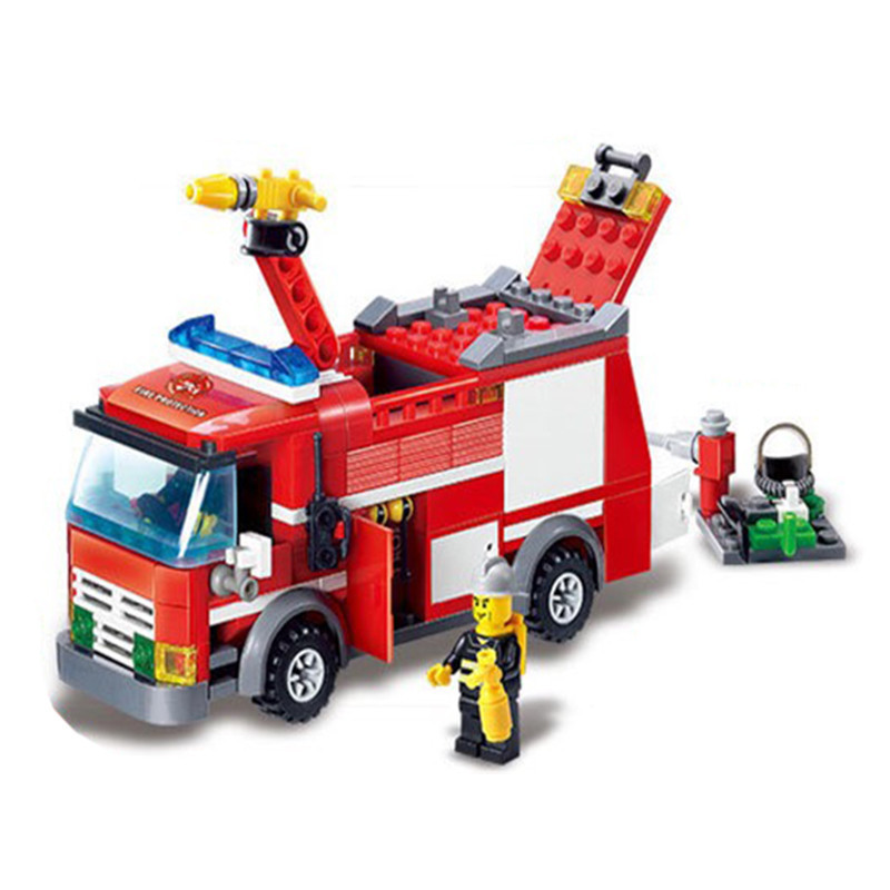 消防喷水车拼插塑料小颗粒拼装积木玩具开智8054消防喷水车200299块