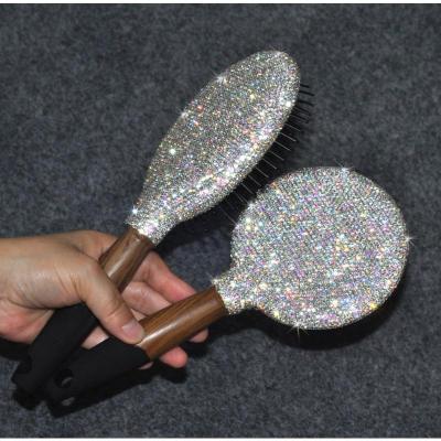 梳子单个(白钻) 奢华创意贴钻化妆镜梳子按摩梳 木质随身便携用镜公主镜梳子套装