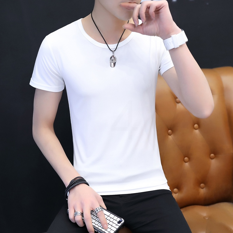 短袖t恤男夏季薄款半截袖男青少年学生潮流修身打底衫印花汗衫男 纯