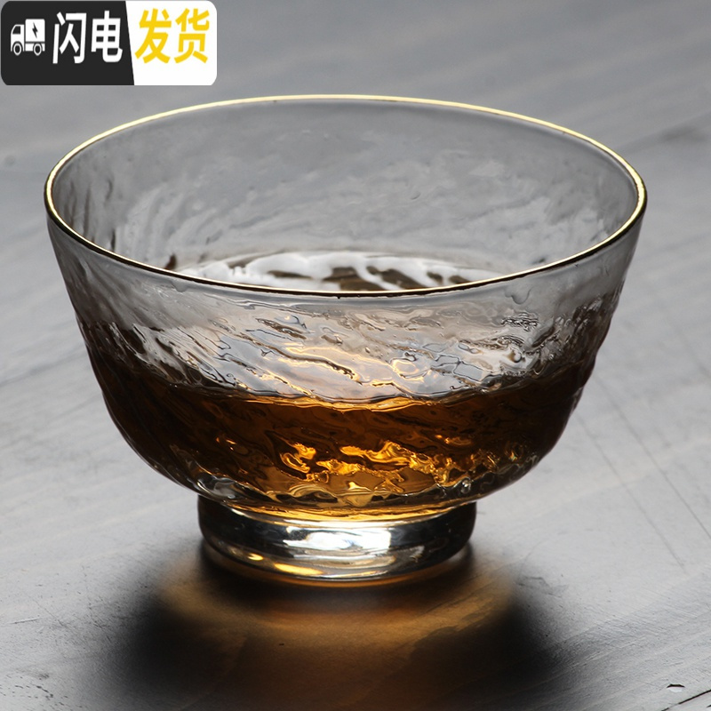 三维工匠日式锤纹玻璃小杯茶杯单杯茶碗品茗杯主人耐热杯功夫茶具配件茶杯 条纹斗笠杯描金约70透明玻璃高清大图