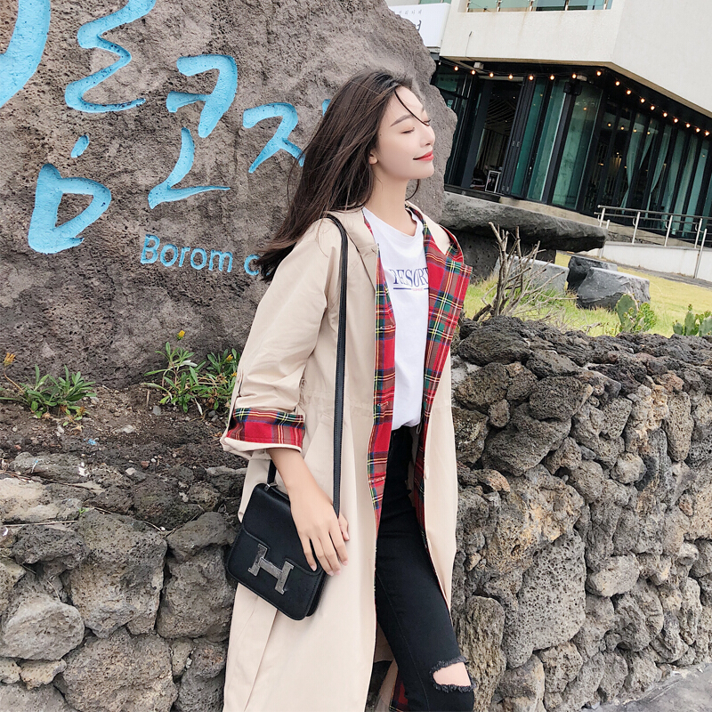 2018秋季中长款撞色chic风衣女火学生连帽宽松过膝外套