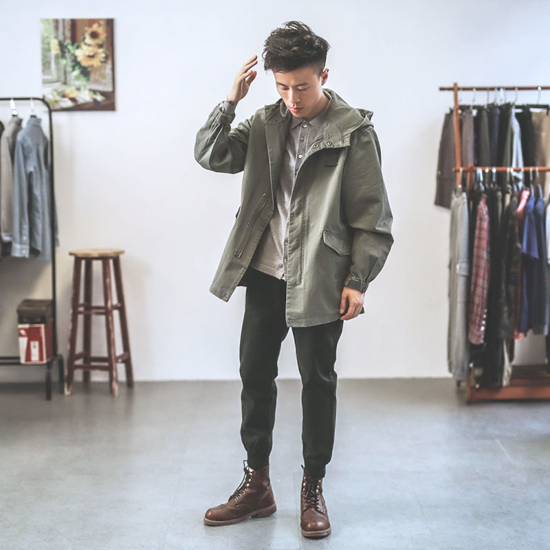 yuansu嘿马七作日系复古春季秋装中长款风衣连帽工装男装潮牌外套风衣