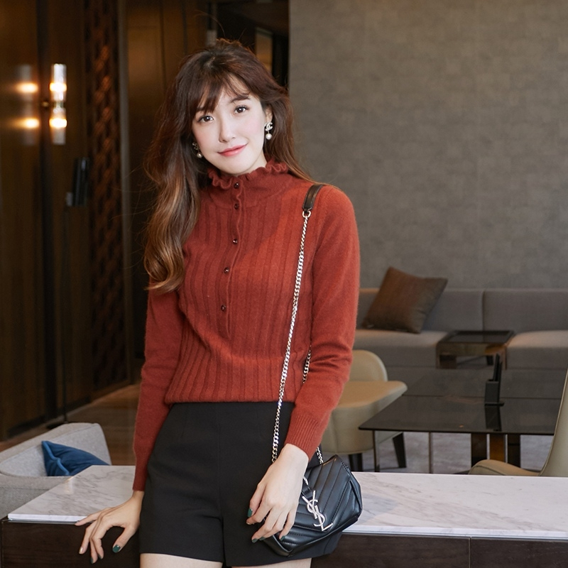 羊绒衫女2018纯色秋冬新款荷叶领拼接抽条纯色显瘦毛衣打底套