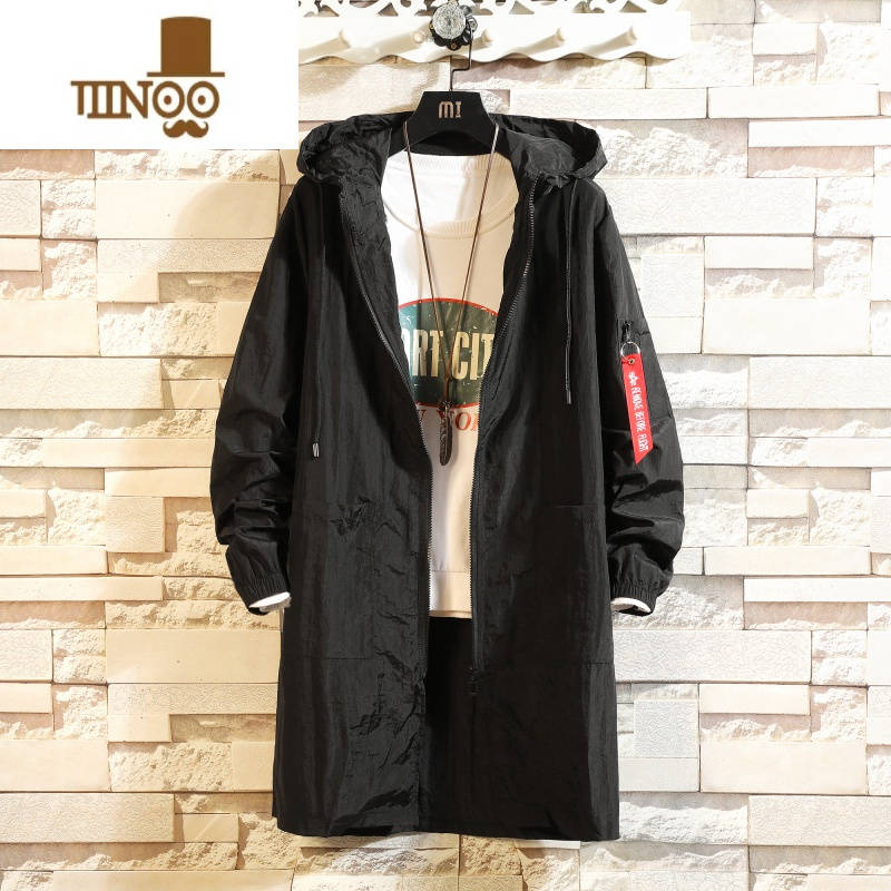 YANXU夏季防晒衣服男士中长款连帽韩版宽松风衣白色披风夏天外套超薄款