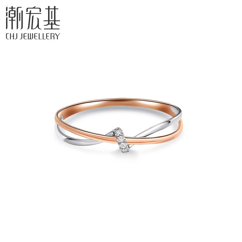 潮宏基交织18k金钻石戒指彩金戒圈指环手饰百搭通勤女礼物