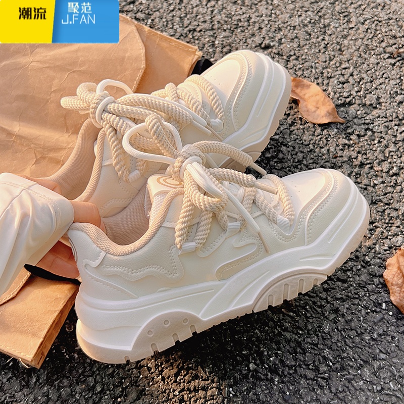 聚范小白鞋女2023新款秋季奶fufu老爹鞋运动休闲厚底帆布鞋子百闲 米色 38