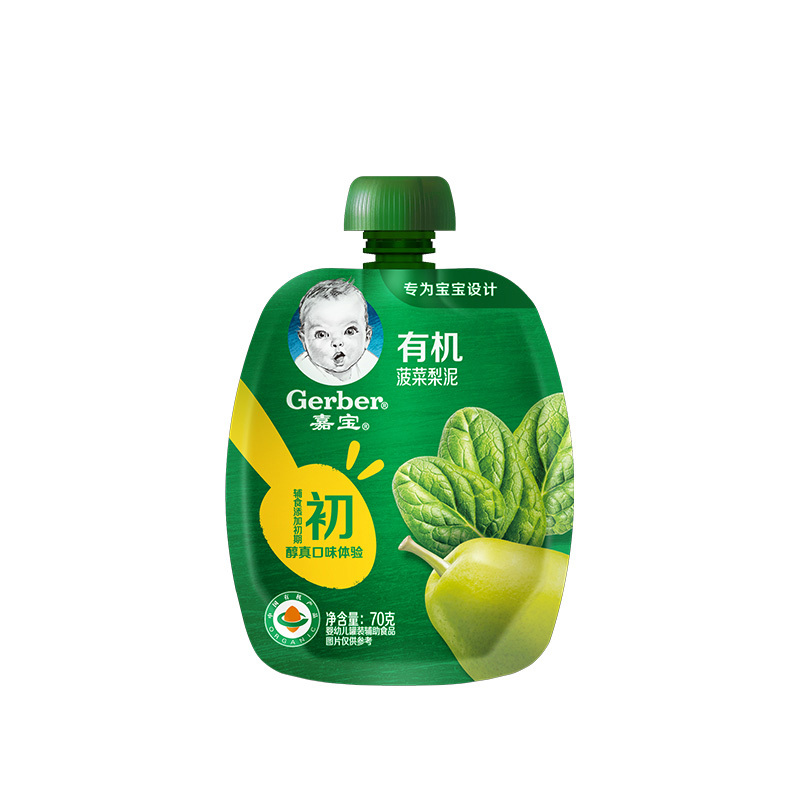 嘉宝有机菠菜梨泥 宝宝零食果泥婴幼儿辅食泥 果泥吸吸袋 70g 辅食添加初期(6月龄起)