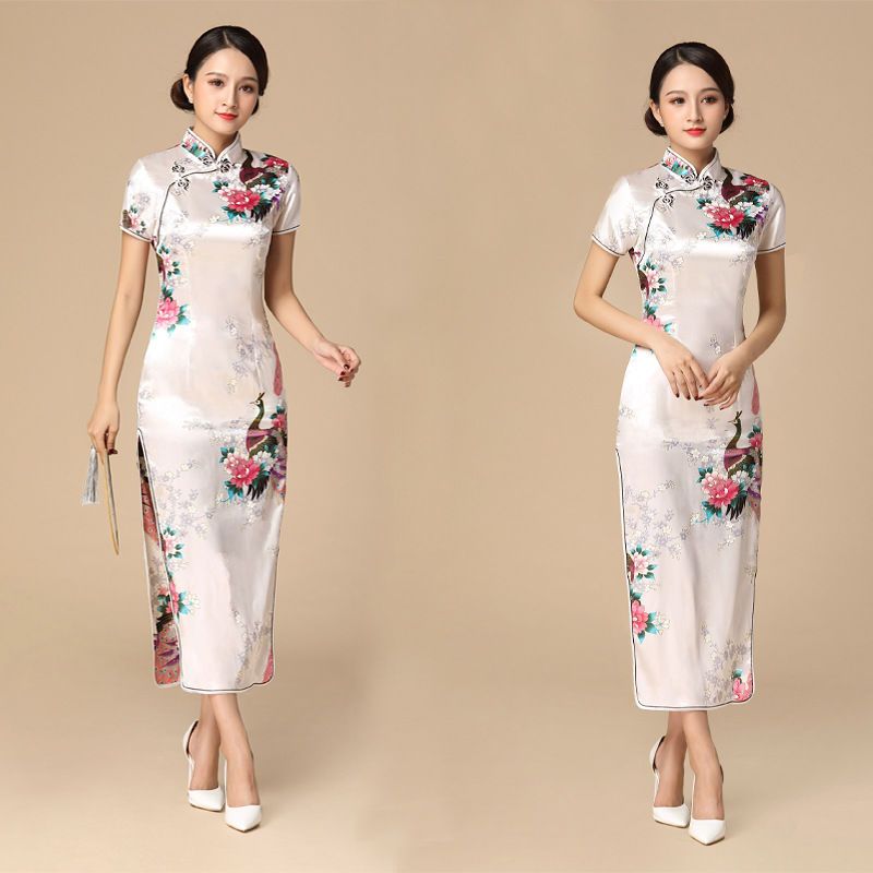 2020新款妈妈大码短袖孔雀图案长款舞台表演服装大码女款复古旗袍[10月5日发完] 白色 S 建议85-95斤