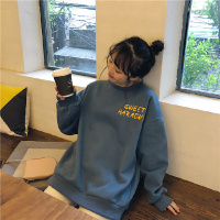 加绒加厚搞怪卡通卫衣韩版上衣圆领宽松打底衫学生情侣装外套女装 均码 雾霾蓝