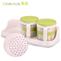 茶花(CHAHUA)三组圆形否玻璃调味瓶300ML 3组装+底座6016 PP材质 蓝色