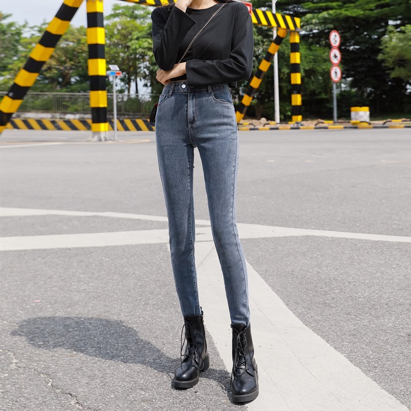suntek高腰牛仔裤女弹力紧身九分小脚裤显瘦韩版百搭修身长裤子胖mm大