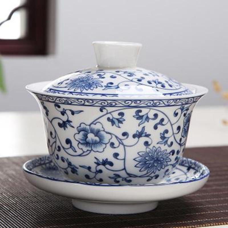 青花瓷特大号三才盖碗泡茶功夫茶具陶瓷茶杯套装超大茶碗泡茶碗荷塘