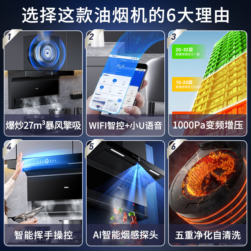 [烟灶联动]海尔Haier吸油烟机顶侧三吸27m³暴风擎吸5.2KW燃气灶家用天然气烟灶套装EC729UD+Q2BE58