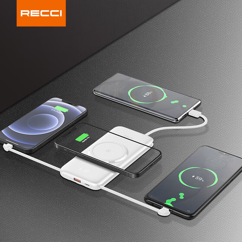 锐思RECCI[3C认证]自带四根线无线充电大容量移动电源可上飞机便携苹果安卓通用 RPB-N28黑色 10000mAh高清大图