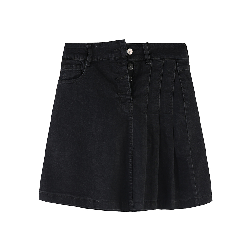 牛仔半身裙女春秋2021新款高腰a字裙子辣妹不规则黑色百褶短裙夏