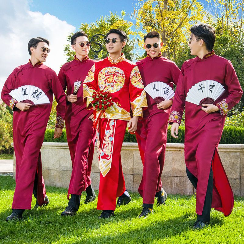160 伴郎服中式婚礼男士长衫兄弟团结婚礼服中国风唐装长袍大褂兄弟装