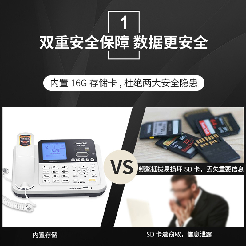 中诺(CHINO-E)G076录音电话自动手动录音固定家用商务办公座机语音留言电话簿 典雅白