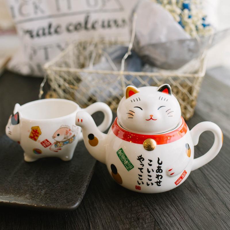 肚皮家 金运来福招财猫陶瓷茶壶杯套装 日式和风卡通花果茶具