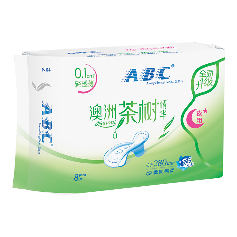 ABC夜用卫生巾 轻透薄网感棉柔280mm*8片 (含澳洲茶树精华)姨妈巾高清大图
