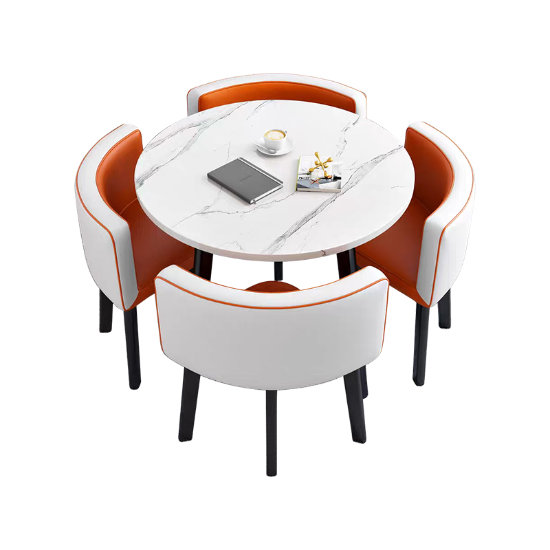 中豫鑫泽ZYXZ4100936 简约接待桌椅洽谈桌椅 一桌四椅 白石根圆橙白皮椅