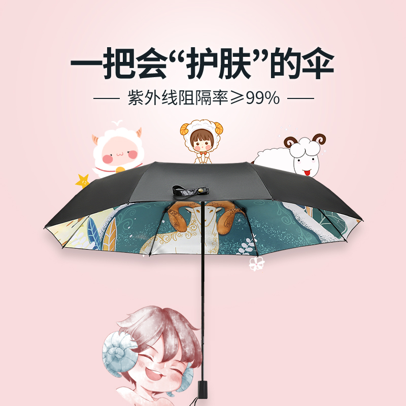 红叶(Hong Ye)插画礼品雨伞女遮阳伞晴雨两用折叠伞防晒防紫外线十二星座太阳伞高清大图