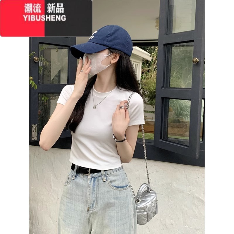 YIBUSHENG纯欲风白色正肩短袖t恤女设计感小众辣妹修身短款上衣季高清大图