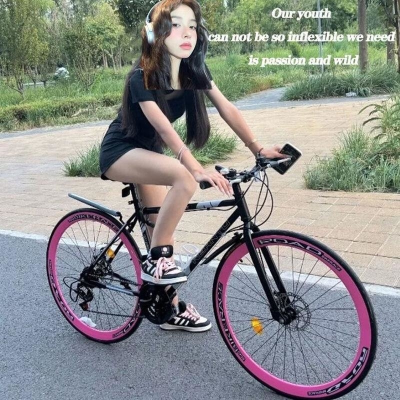 双碟刹变速死飞自行车男女学生版弯把实心胎公路跑车网红单车高清大图