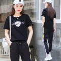 南极人冰丝纯棉休闲运动套装女2021夏天新款时尚两件套广场舞服装 XL 黑色长裤