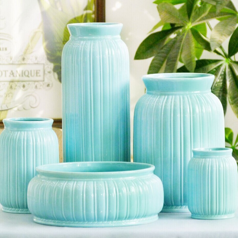 简约现代白色蓝色陶瓷花瓶花器三五件套家居饰品摆件组合花艺