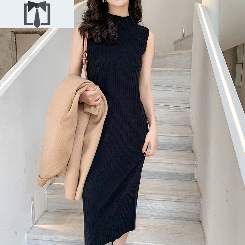 suntek吊带连衣裙女春秋半高领长款毛衣配大衣内搭打底无袖针织背心