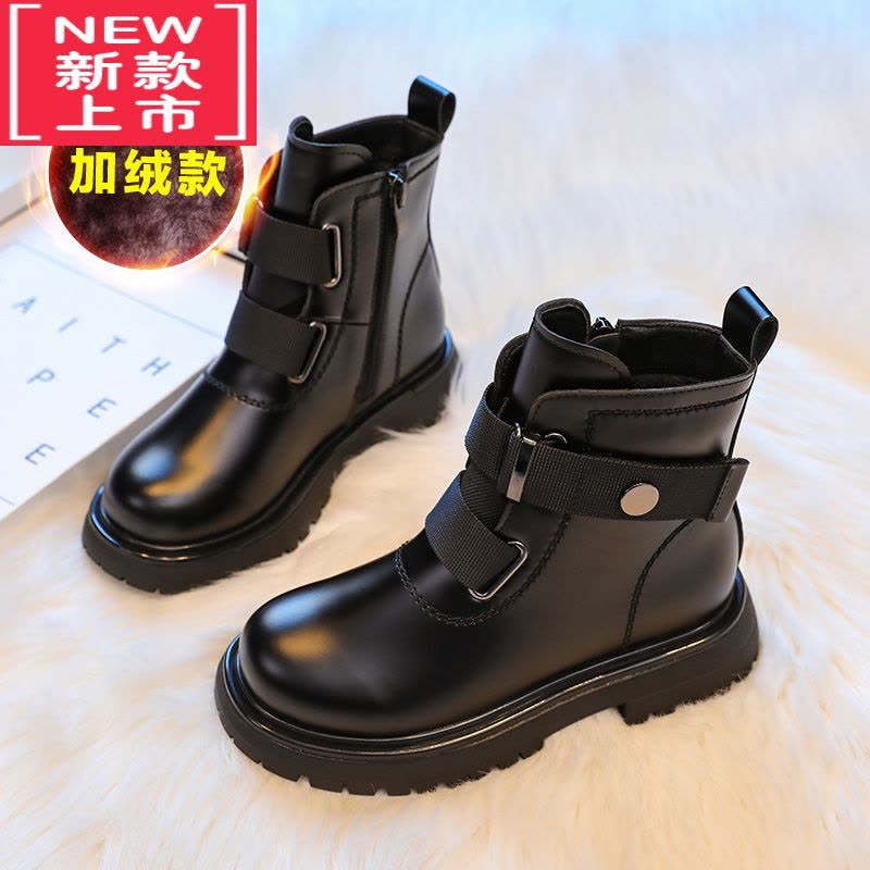 可莉允女童靴子2022新款秋冬儿童马丁靴中大童短靴加绒棉鞋女孩黑色皮靴图片