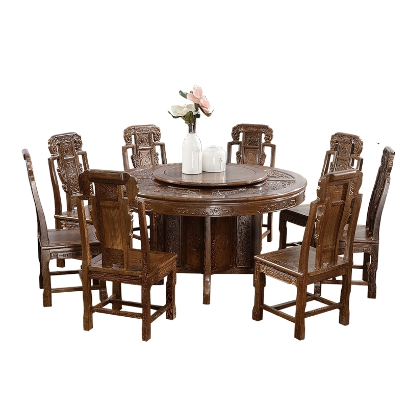 红木餐桌非洲鸡翅木古达圆桌实木中式家具餐厅饭桌带转盘家用大圆台