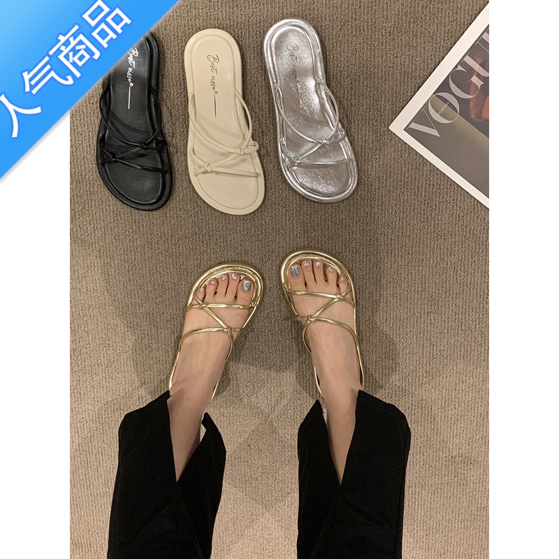 SUNTEK法式小凉拖外穿女鞋2023年春夏新款软底细带仙女风配裙子银色凉穿高清大图