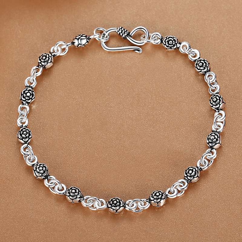 玫瑰花银手链女纯银s925小众设计年轻款个性时尚民族风复古手计 16厘米----约9克手腕14厘米可选