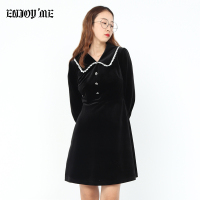 ENJOY’ME女装2019冬季新品甜美可爱耳仔边娃娃领收腰连衣裙小黑裙