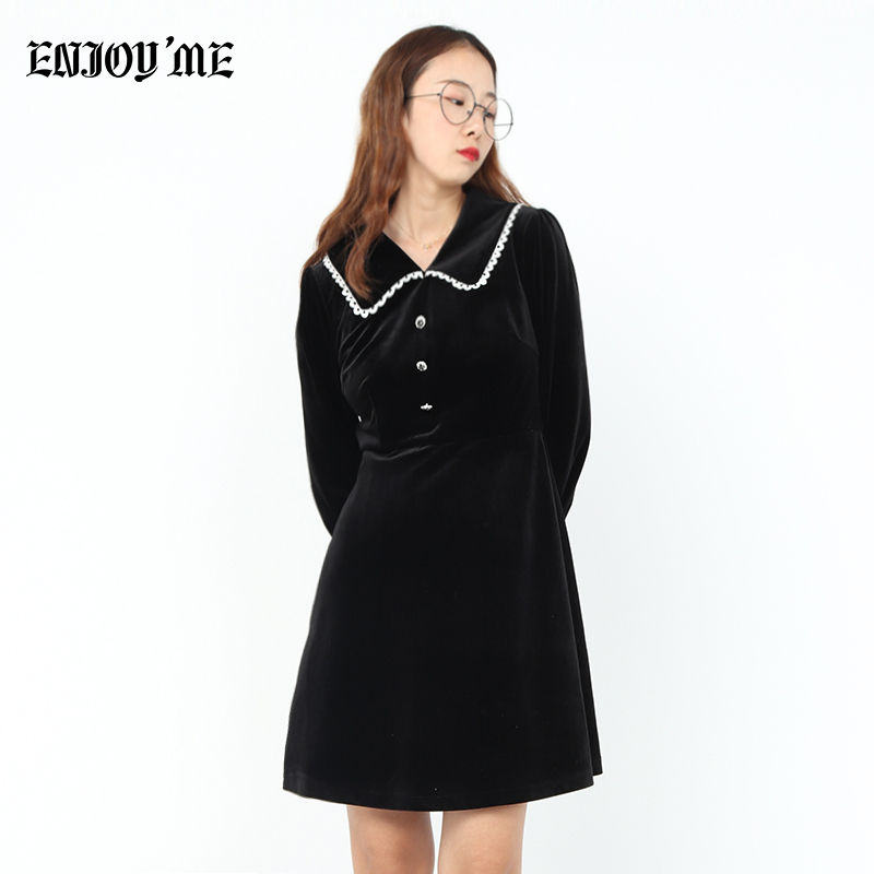 ENJOY’ME女装2019冬季新品甜美可爱耳仔边娃娃领收腰连衣裙小黑裙