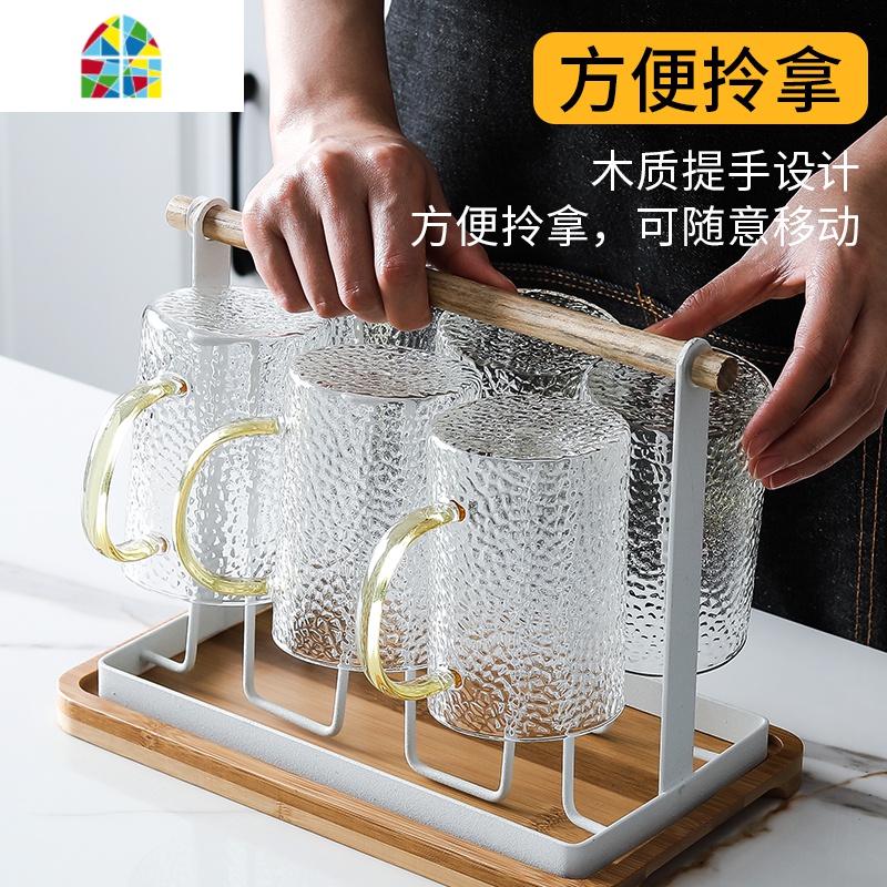 冷水壶套装凉水茶壶玻璃水杯带把手耐热高温防爆家用大容量凉白开 FENGHOU 金把杯6只+白杯架凉水壶高清大图