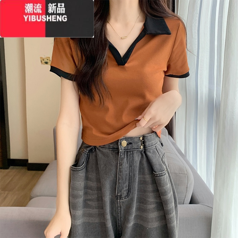 YIBUSHENGV领正肩短袖t恤女2024季新款Polo领设计感小众修身短款甜辣上衣