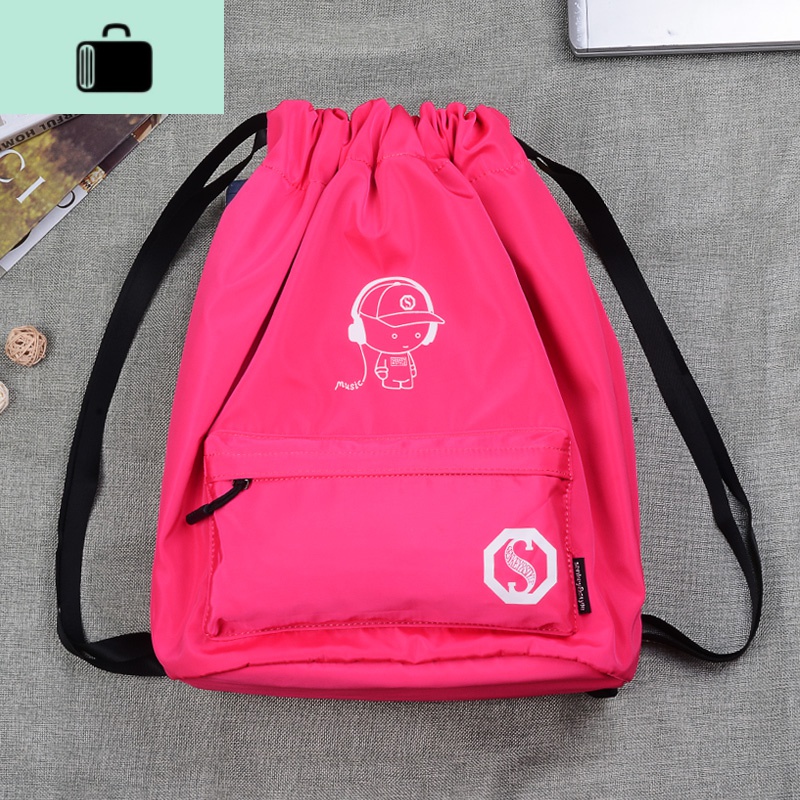 束口袋抽绳双肩包书包男小学生补习补课包简易背包女轻便运动布袋NEWLAKE 玫红色音乐小子