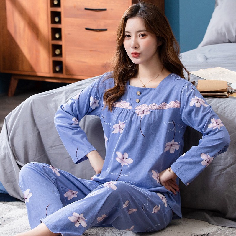 中老年中年妈妈睡衣女士棉质长袖秋冬款老年大码家居服套装可外穿
