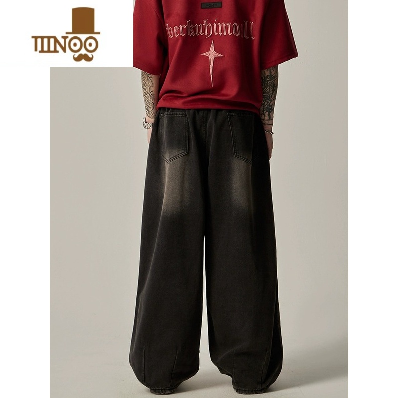 YANXU美式潮牌ins高街复古水洗做旧阔腿牛仔裤男宽松直筒休闲长裤子高清大图