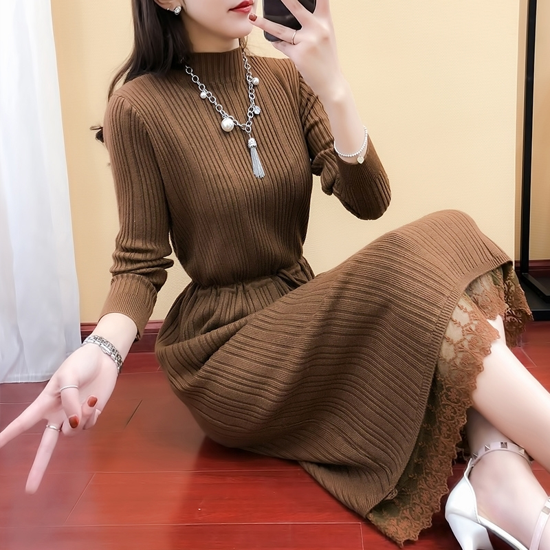 长款毛衣裙过膝2019新款女装半高领蕾丝拼接系带针织连衣裙