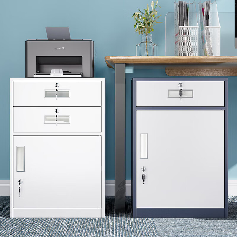 锦北铁皮文件柜矮柜办公室储物柜档案资料柜桌下抽屉柜咖白单门高清大图