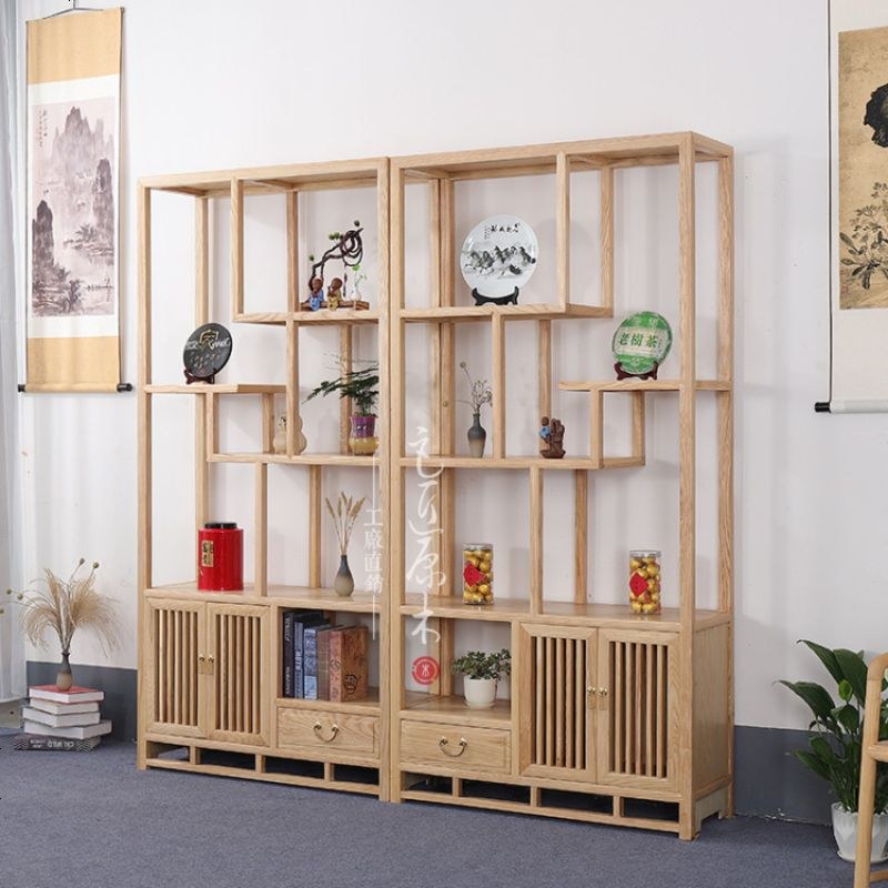 新中式博古架实木禅意茶叶架茶室置物架多宝阁白蜡木展示柜书架 款式一一对_1米以下