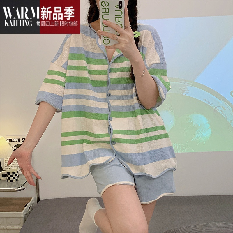 SHANCHAO简约条纹睡衣女舒适高级感2023年夏季外穿新款短袖家居服套装