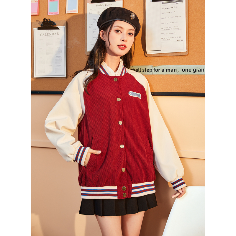 唐狮新款灯芯绒外套女春秋秋季美式复古风红色新衣服棒球服