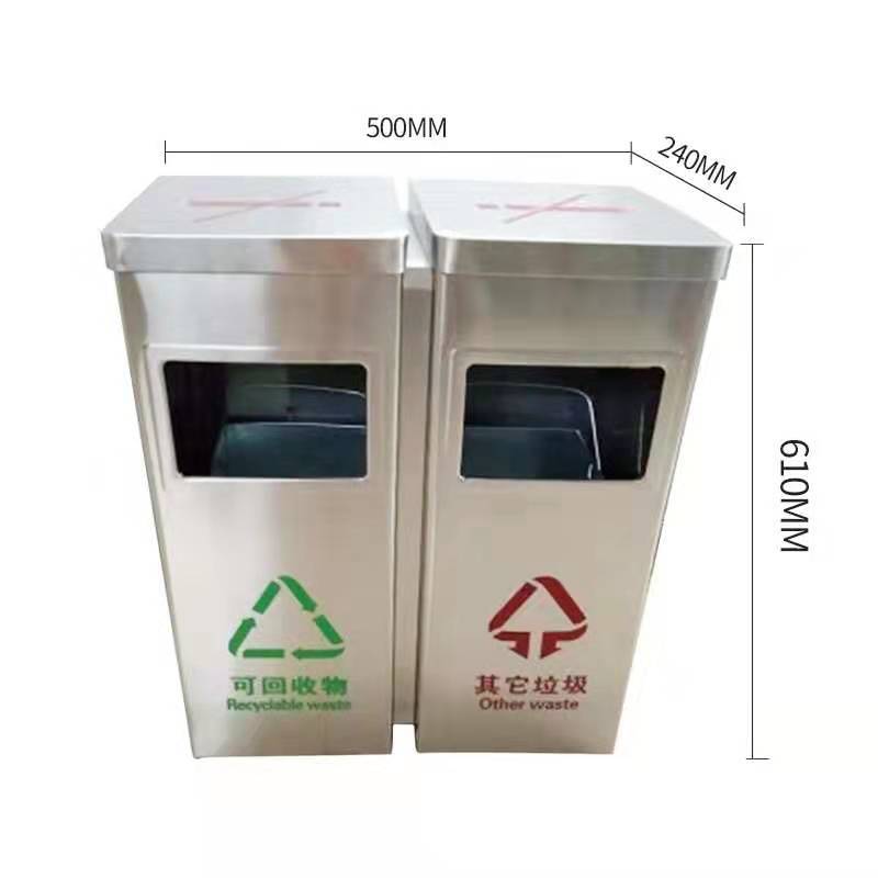 不锈钢环保分类连体垃圾桶双桶侧开桶口带烟灰缸