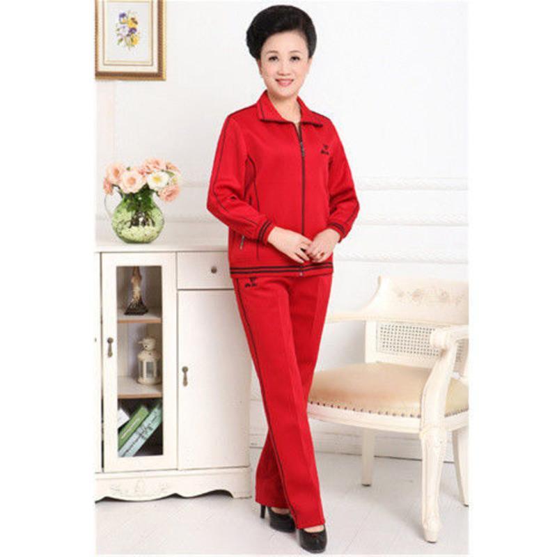 春秋季中老年运动服套装女宽松休闲妈妈装广场舞服装晨练跑步套装全红