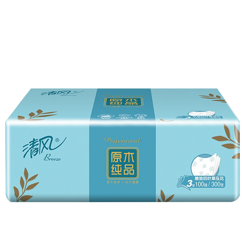 清风原木纯品3层四叶草压花100抽抽取式家用面巾纸 24包 BR40AQ